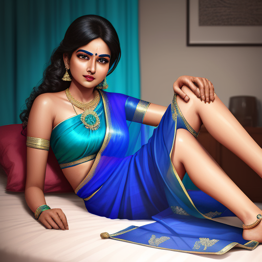 Ai Tool For Photos A Women In Blue Saree Lying On Bed Leg Spreed