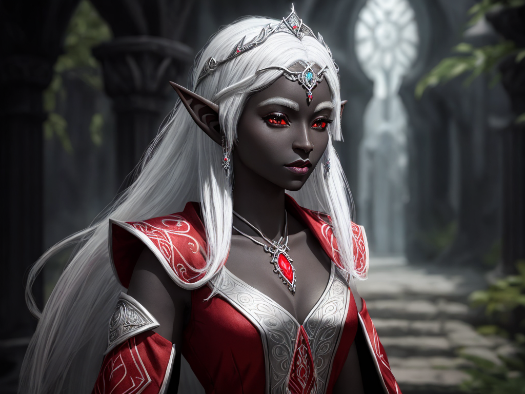 Free Ai Photo Editor Cute Female Drow Elf Black Skin White Hair Red