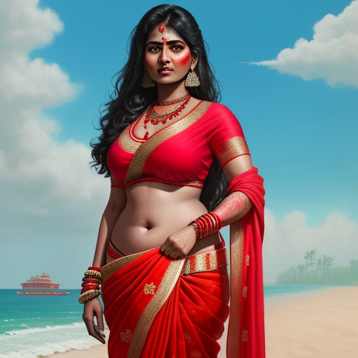 Convert Photo Indian Big Boobs Bhabhi In Red Saree Standing In