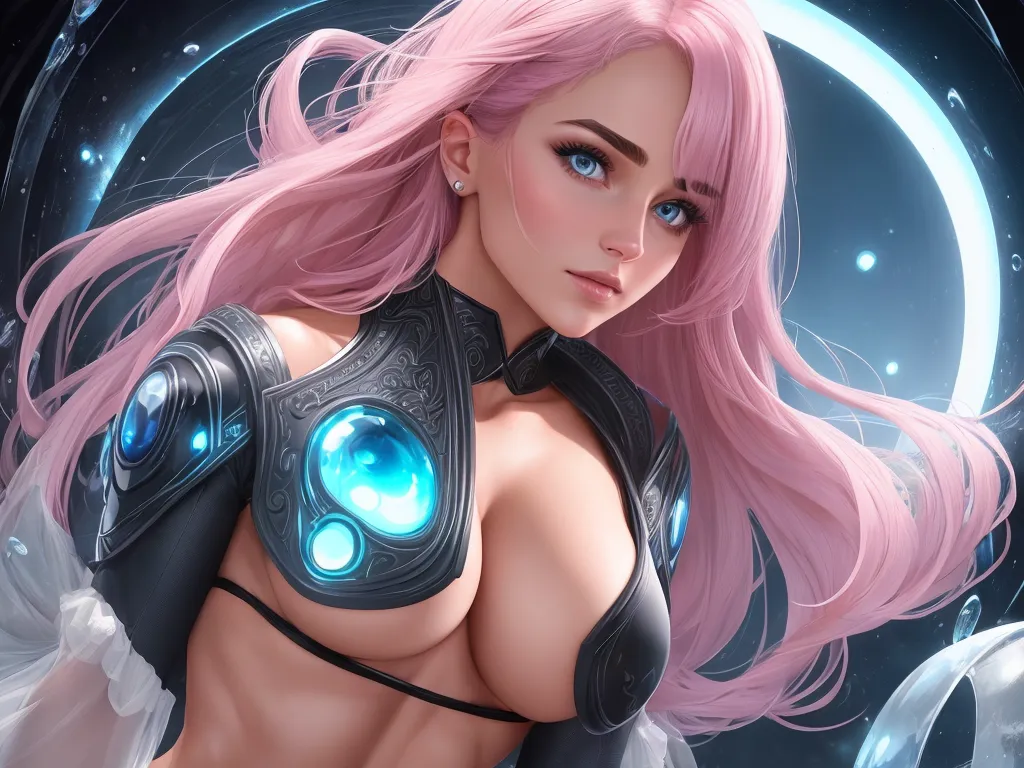 high quality photos online - a very pretty girl with pink hair and a futuristic outfit on her chest and chest, with a futuristic light blue ring around her neck, by Daniela Uhlig