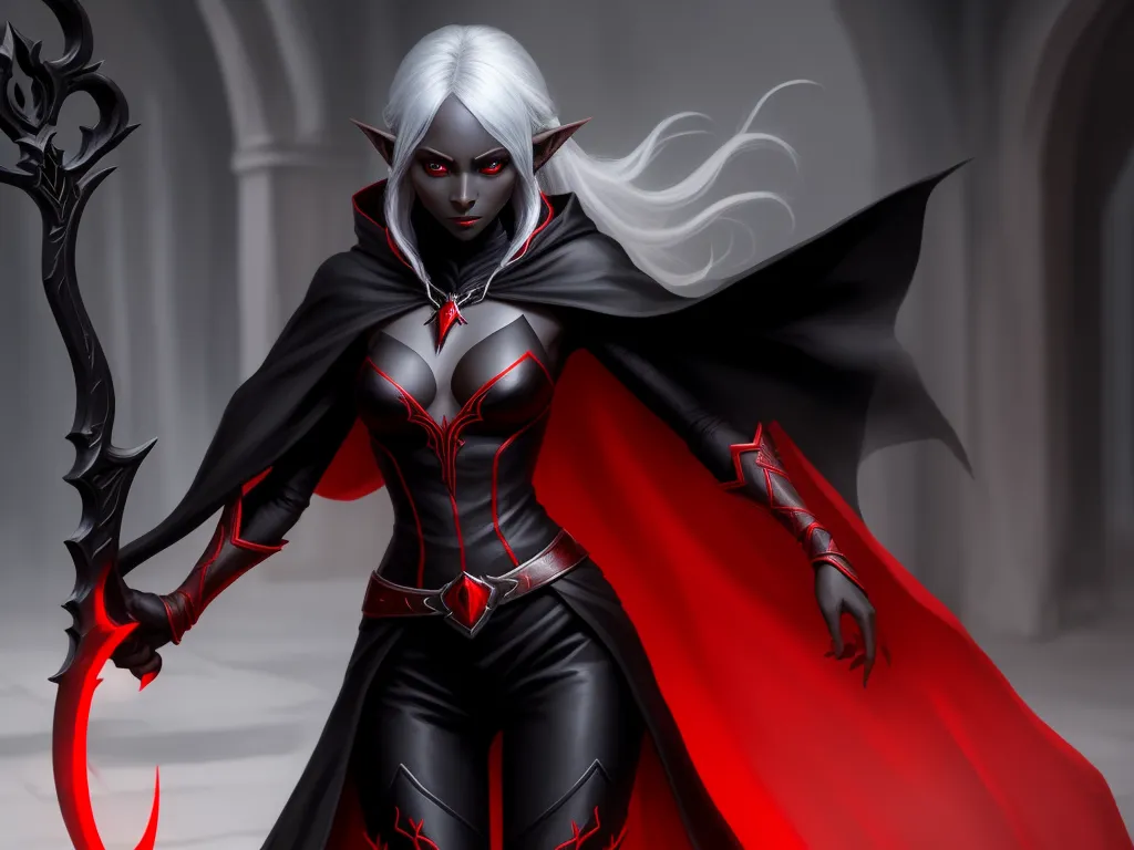 image resolution - a woman in a red cape and black outfit holding a sword and a red cloak on her shoulders and a black and white hair, by Heinrich Danioth