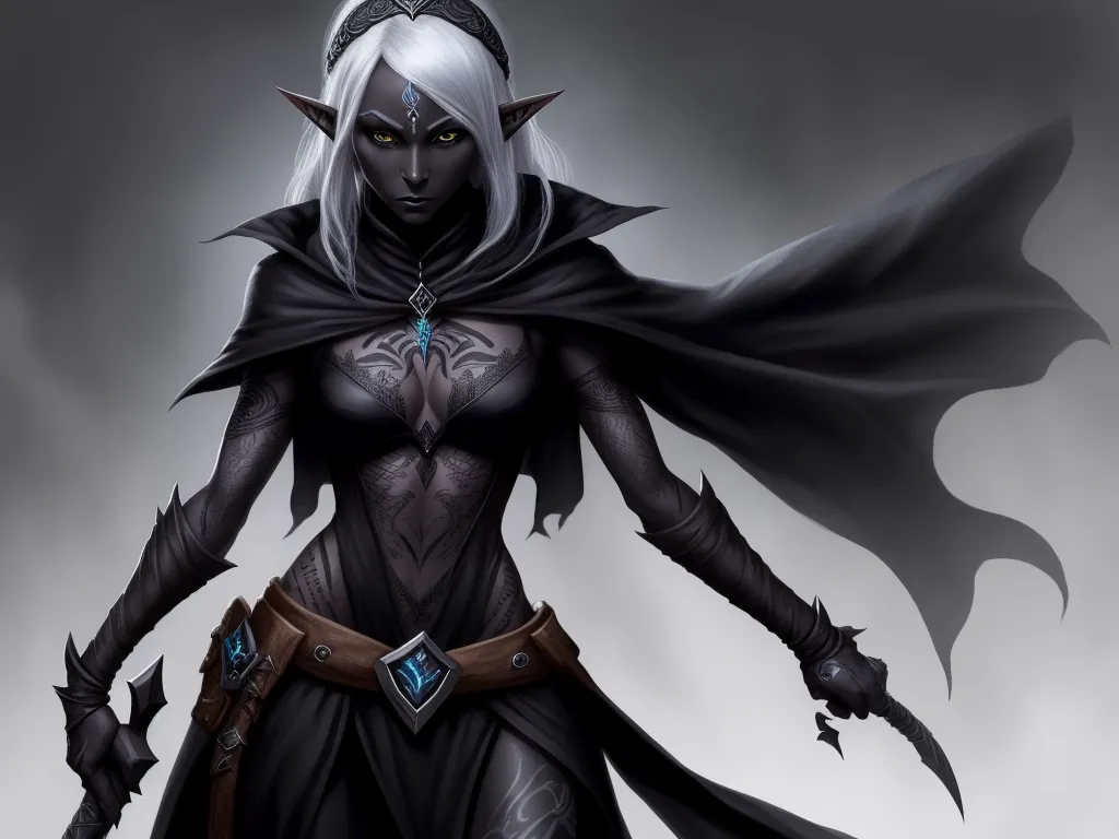 ai images generator - a woman with a black cape and a white hair and a black outfit with horns and eyes and a blue ring, by Heinrich Danioth