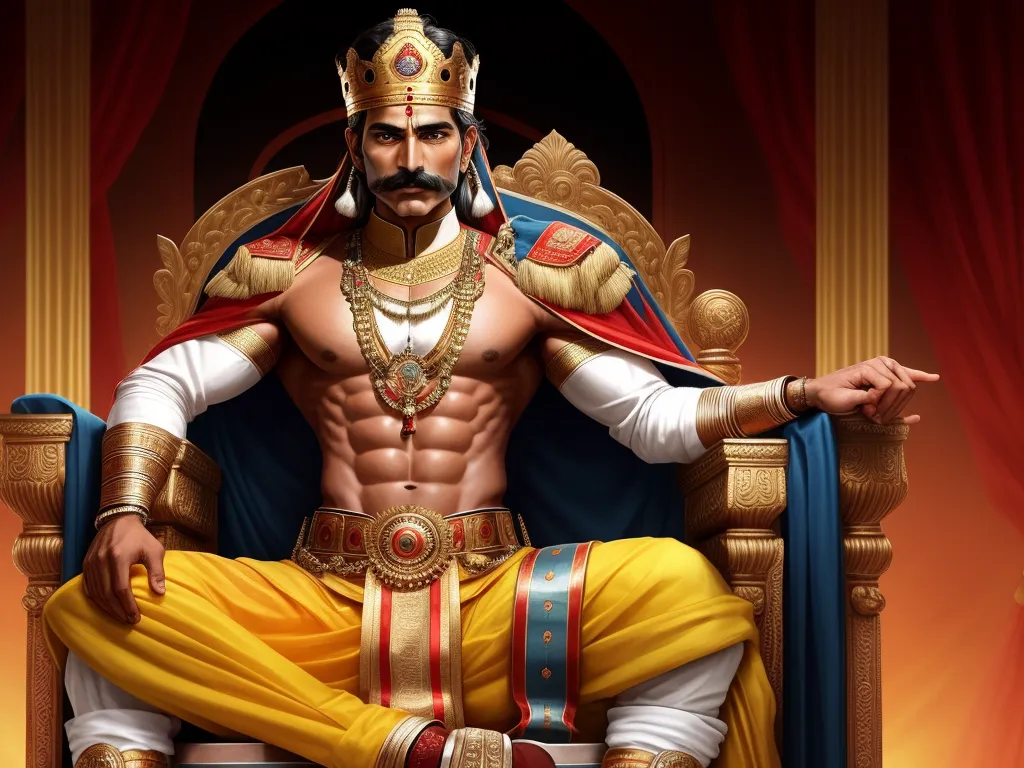 a man in a golden outfit sitting on a throne with a beard and a gold crown on his head, by Raja Ravi Varma