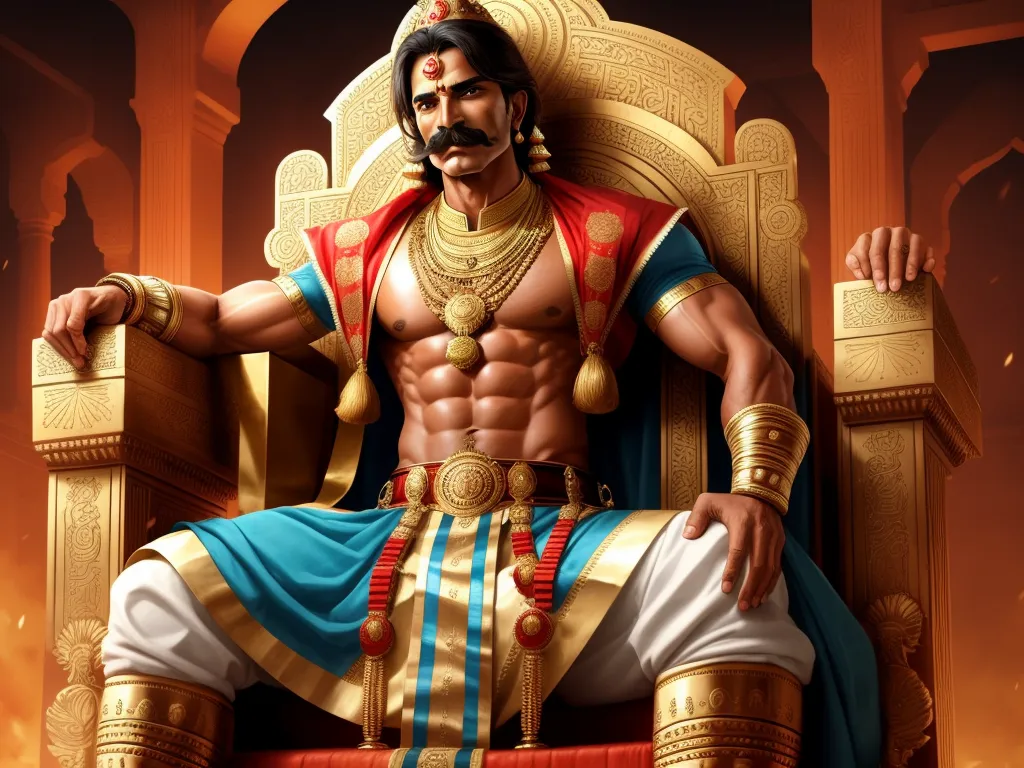 a man sitting on a throne with a mustache and a beard in his hands and a mustache in his mouth, by Raja Ravi Varma