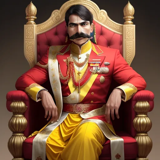 how to increase resolution of image - a man in a red uniform sitting on a red chair with a gold crown on his head and a mustache, by Raja Ravi Varma