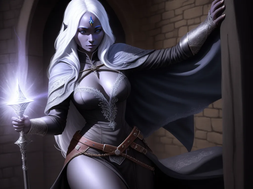 enhance image: 1 solo female drow cleric, sensual, full figure