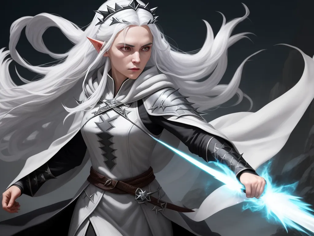 high resolution images - a woman in a white dress holding a sword and wearing a white cape with white hair and a blue light, by Antonio J. Manzanedo