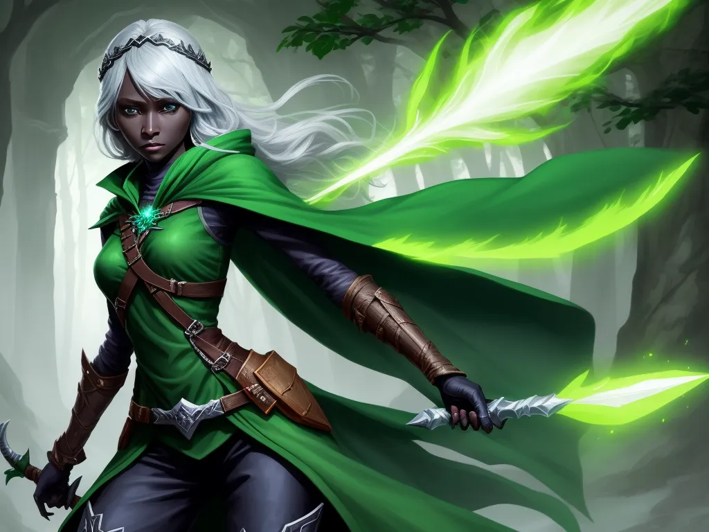 hd photo online - a woman in a green outfit holding a sword in a forest with trees in the background and a green cloak over her shoulders, by Lois van Baarle