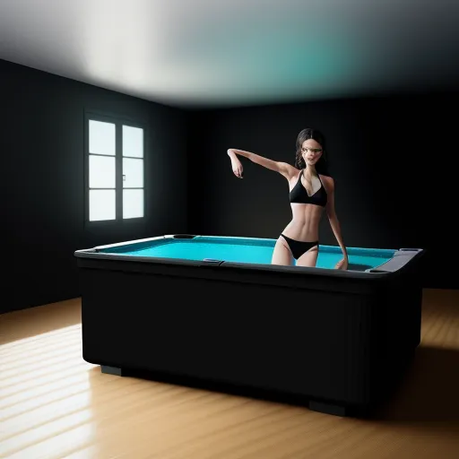 ai text image generator - a woman in a bikini standing on a pool table in a room with a window and a pool table, by Hendrik van Steenwijk I