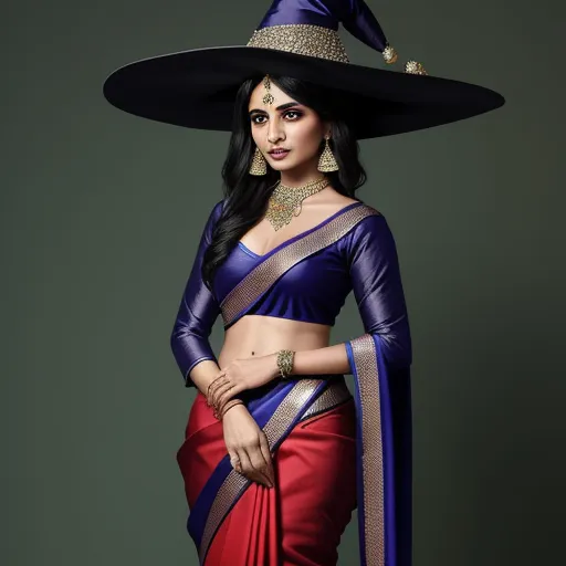 a woman wearing a hat and a sari with a red and blue sari on her chest and a black hat on her head, by Hendrik van Steenwijk I