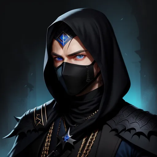 generate picture from text - a man wearing a black mask and a black hood with a blue cross on it's face and a black hood with a blue cross on his face, by Lois van Baarle