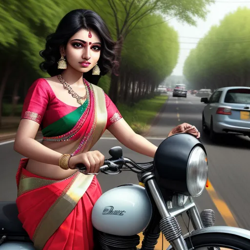 a woman in a sari riding a motorcycle down a street with a car behind her on the side, by Edmond Xavier Kapp