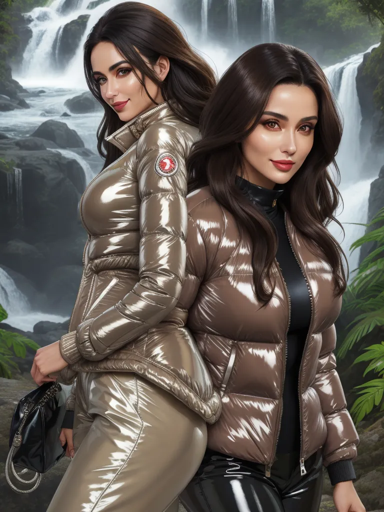 ai text to picture - two women in shiny clothing standing next to a waterfall with a waterfall behind them and a woman in a black top, by Kent Monkman