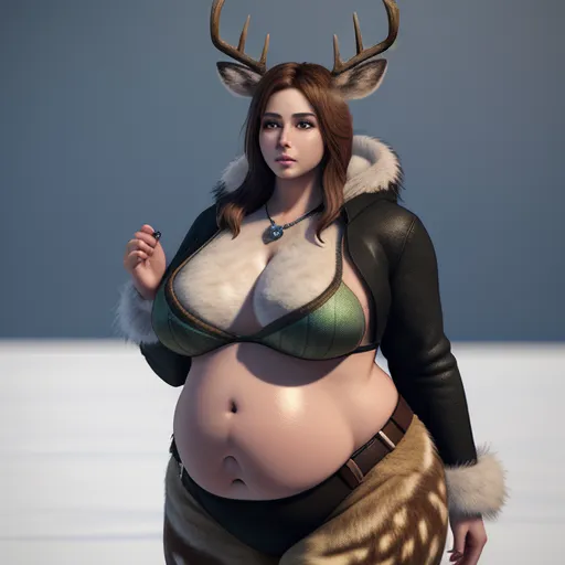 4k picture converter - a woman with a deer head and a green bra top is standing in a snowy area with a deer's head on her belly, by Terada Katsuya