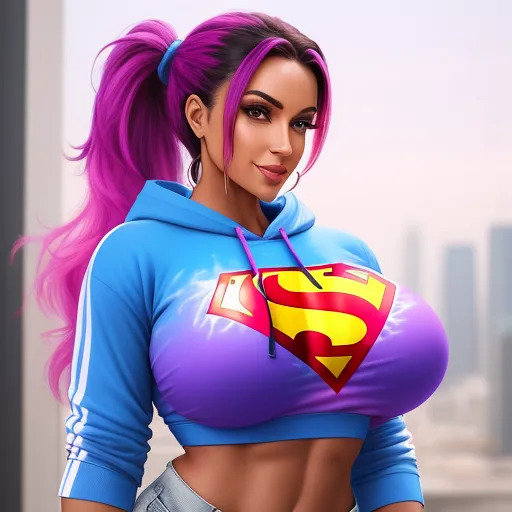 ai image generation - a woman with a pink hair and a superman shirt on, with a city in the background, is wearing a pair of jeans, by Sailor Moon