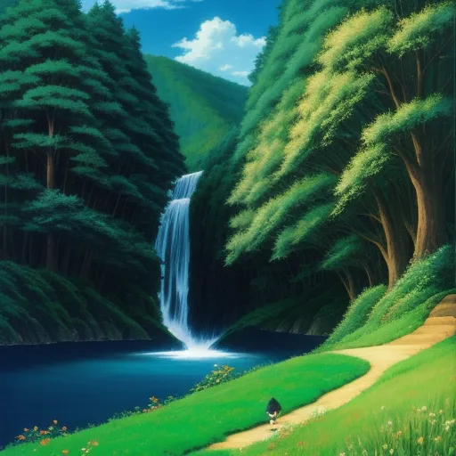 free ai text to image generator - a painting of a waterfall in a forest with a person sitting on a bench in the foreground and a person standing on a path to the right, by Hayao Miyazaki
