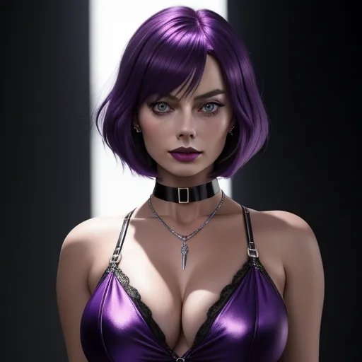 4k resolution picture converter - a woman with purple hair wearing a bra and choker necklace with a cross on it's chest, by Terada Katsuya