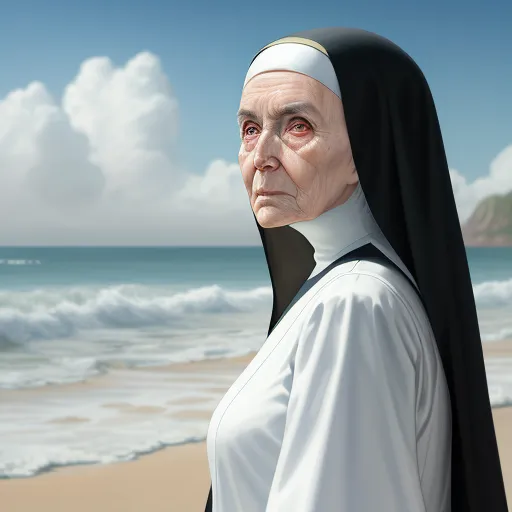 a painting of a nun standing on a beach with the ocean in the background and clouds in the sky, by Daniela Uhlig