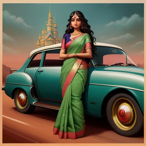 a woman in a green sari standing next to a car with a castle in the background in a painting, by Michael Hutter