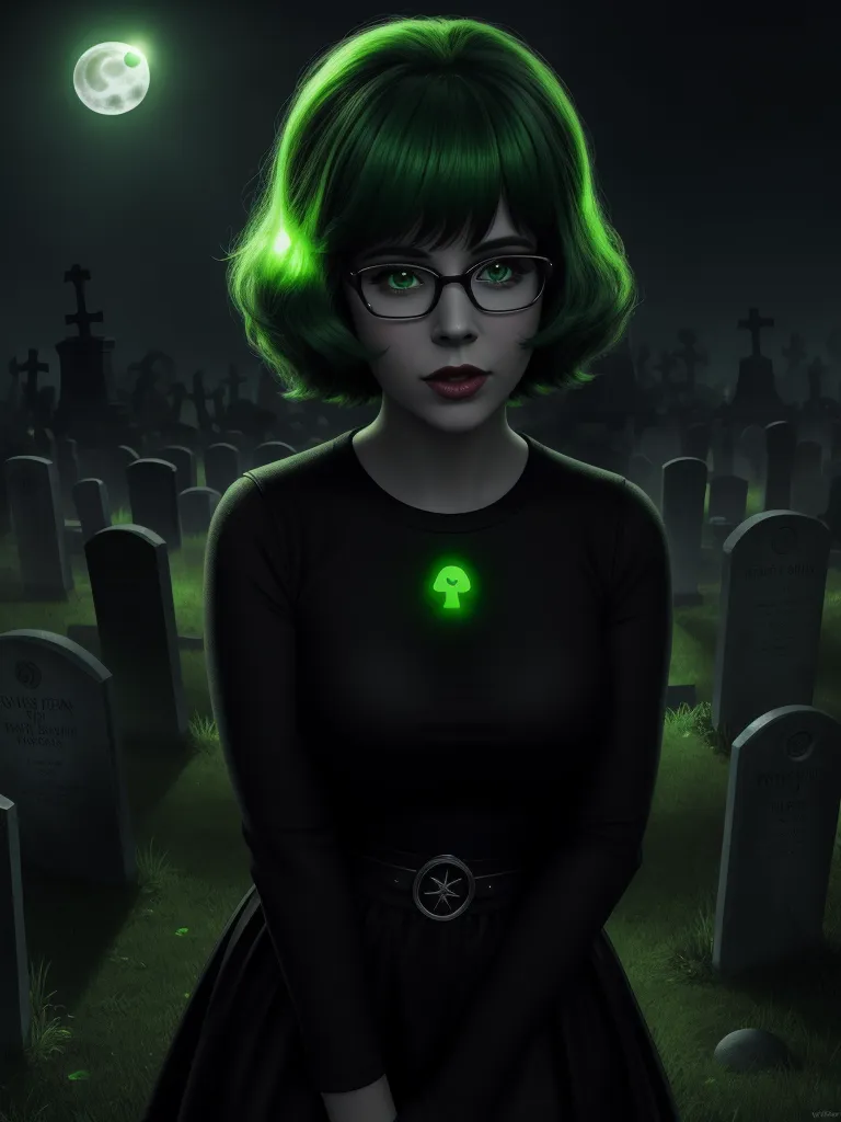 best ai picture generator - a woman with green hair and glasses standing in a cemetery at night with a glowing green light on her face, by Lois van Baarle