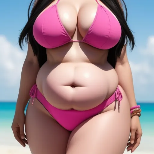 ai image generator from image - a woman in a pink bikini standing on a beach with her big breast exposed and a blue sky in the background, by Terada Katsuya