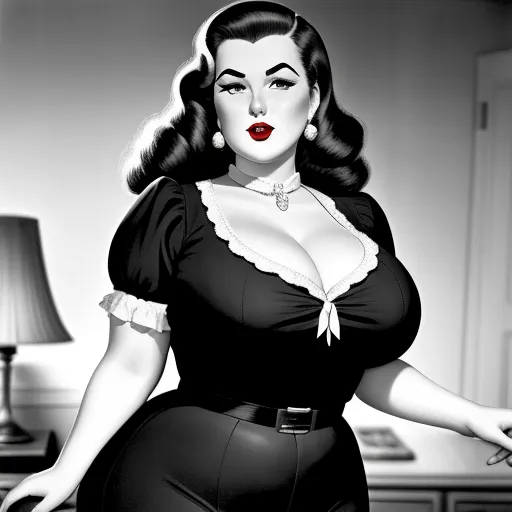 upscaler - a woman in a black and white dress with a red lipstick on her lips and a lamp on a table, by Gil Elvgren