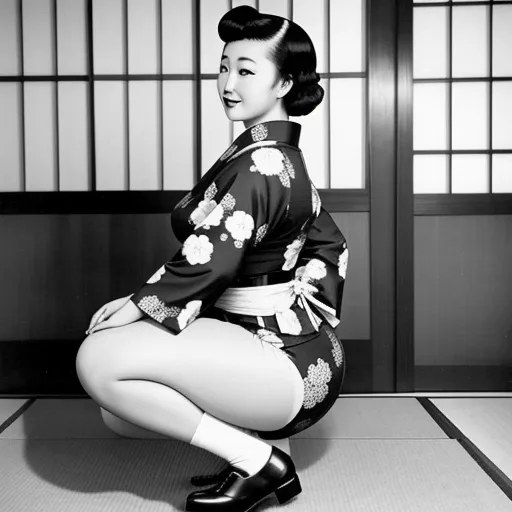 ai upscaler - a woman in a kimono kneeling down in front of a window with a door behind her and a door behind her, by Nobuyoshi Araki