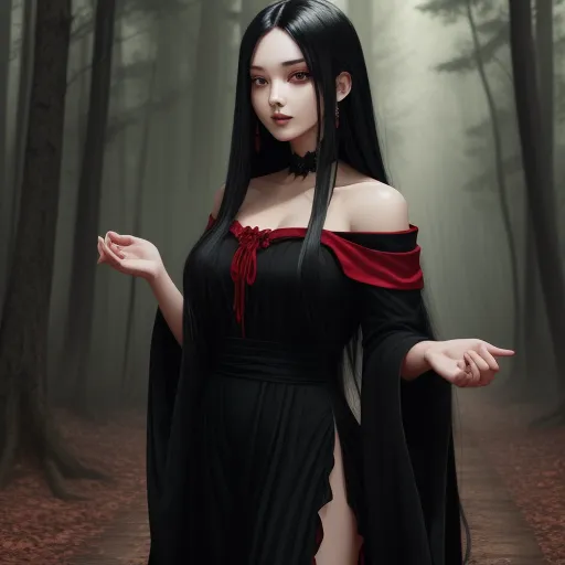 a woman in a black dress standing in a forest with a red cape on her head and a red ribbon around her neck, by Sailor Moon