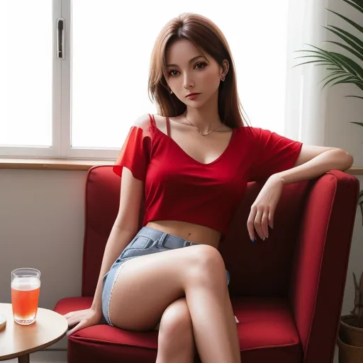 a woman sitting on a red chair next to a window with a glass of orange juice in front of her, by Chen Daofu