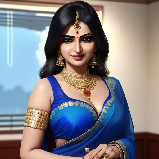 a woman in a blue sari with a gold necklace and matching jewelry on her neck and shoulder, standing in a room, by Raja Ravi Varma