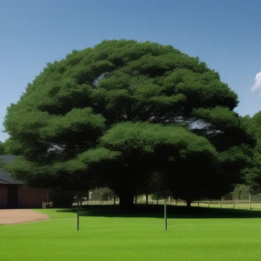 a large tree in a field with a house in the background and a blue sky in the background with clouds, by David Inshaw