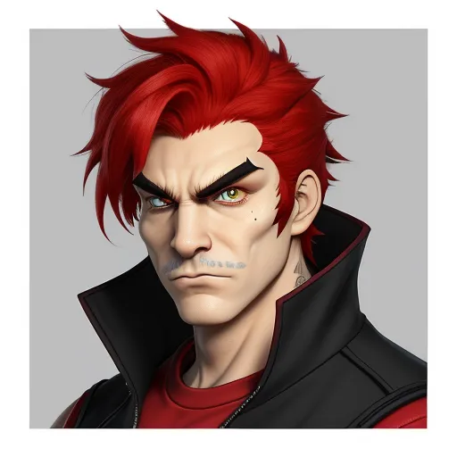 best ai picture generator - a man with red hair and a black jacket with a red hair and a black jacket with a red hood, by Lois van Baarle