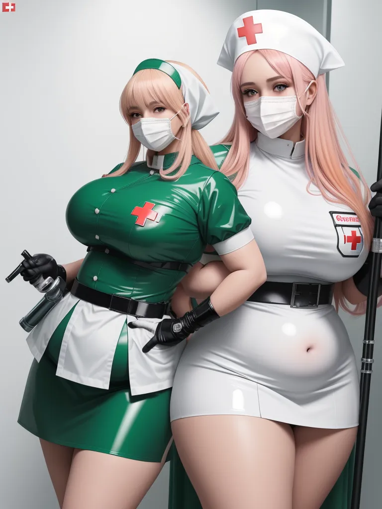 how to increase picture resolution - two women in costumes with medical masks on their faces and arms, one of them is wearing a green uniform, by Terada Katsuya