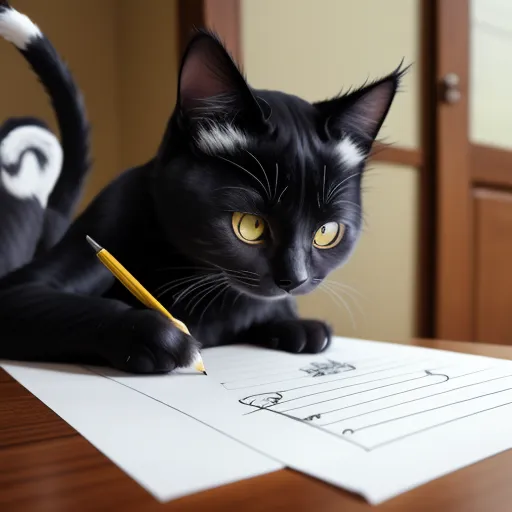 a black cat sitting on top of a table with a pencil in its mouth and writing on a paper, by Pixar Concept Artists