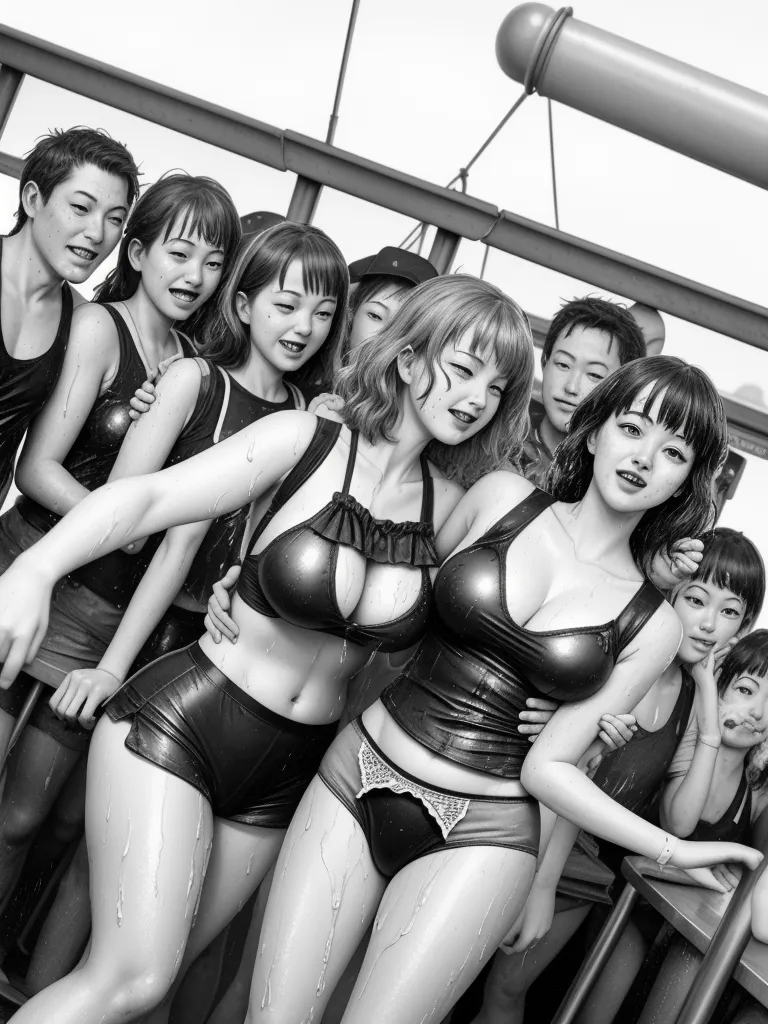 a group of women in lingerie posing for a picture together in front of a mirror with a man behind them, by Terada Katsuya