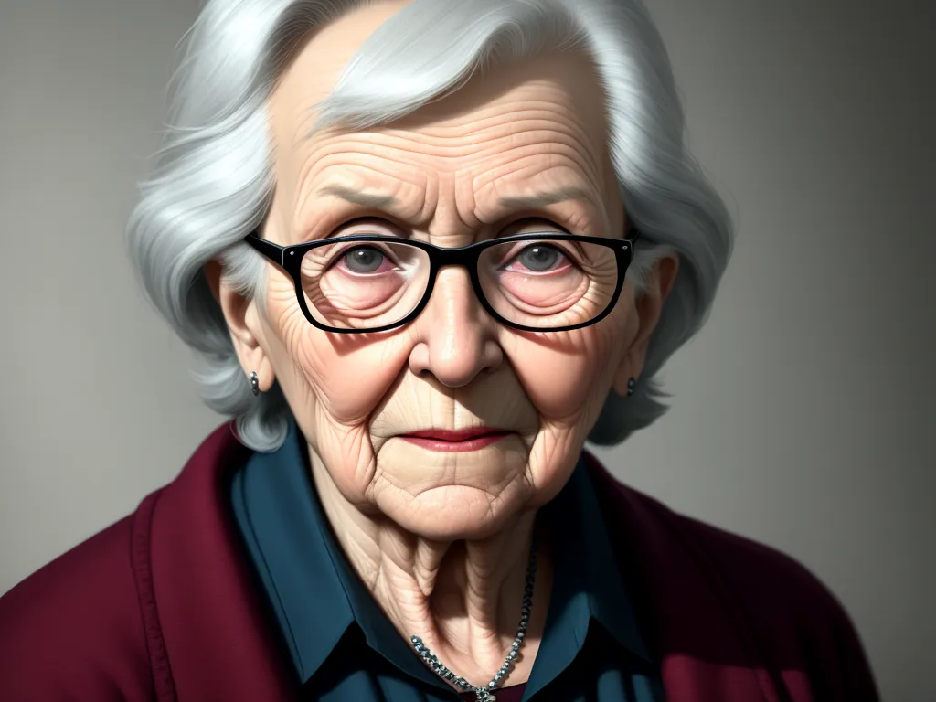 free high resolution images - a portrait of an elderly woman wearing glasses and a red sweater with a blue collared shirt on,, by Raphaelle Peale