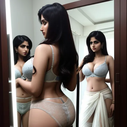 4k resolution picture converter - a woman in a bra and panties looking in a mirror with her reflection in the mirror behind her is a woman in a bra and panties, by Hendrik van Steenwijk I