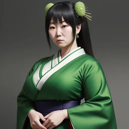text ai image generator - a woman in a green and white kimono with a green flower in her hair and a green hair clip, by Terada Katsuya