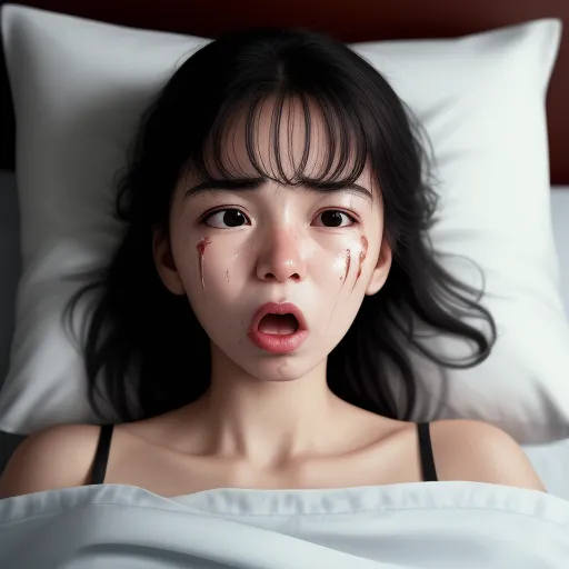ai that generate images - a young girl with a bruised face laying in bed with a pillow on her side and a surprised look on her face, by Terada Katsuya