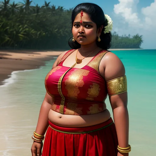 a woman in a red and gold outfit standing on a beach next to the ocean with palm trees in the background, by Henriett Seth F.