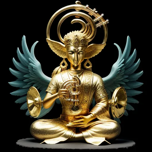 make image higher resolution - a golden statue of a demon with wings and a golden head with a golden trumpet in his hands and a gold bell in his hands, by Michael Parkes