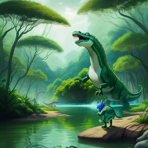 a dinosaur and a t - rex in a jungle setting by a river with trees and bushes around it, by Pixar Concept Artists