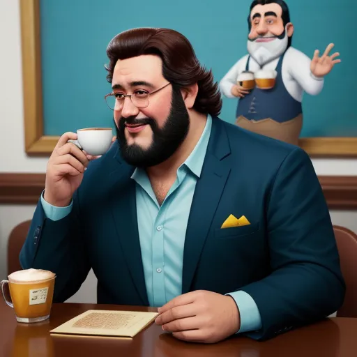 a man with a beard and glasses drinking a cup of coffee and a book on a table with a book and a picture of a man with a beard, by Pixar Concept Artists