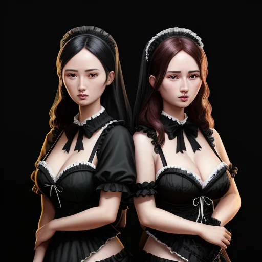 two women in black lingerie with veils and veils on their heads, one of them is wearing a veil, by Terada Katsuya