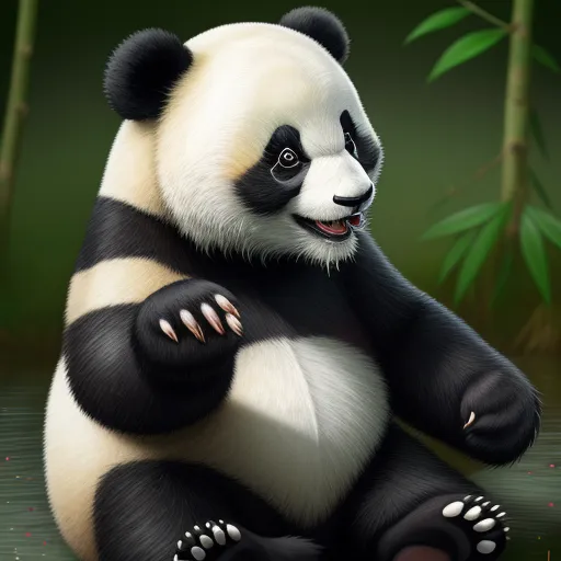 photo coverter - a panda bear sitting on the ground with its paws crossed and eyes closed, with bamboo in the background, by Chen Daofu