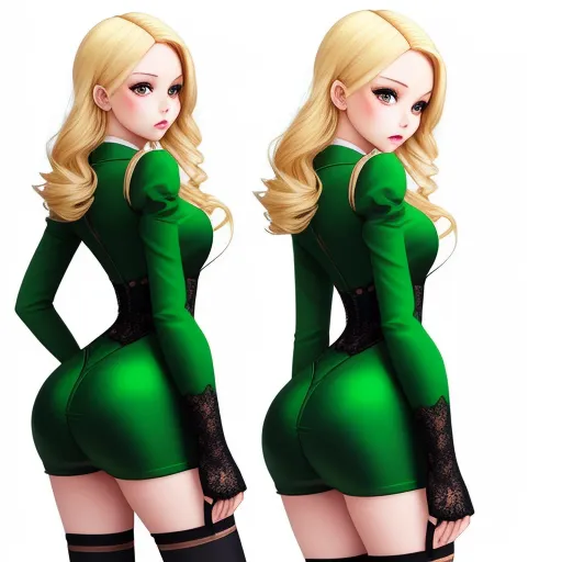 ai that generate images - a woman in a green dress with long sleeves and stockings on her legs, posing for a picture with her hands on her hips, by Hirohiko Araki