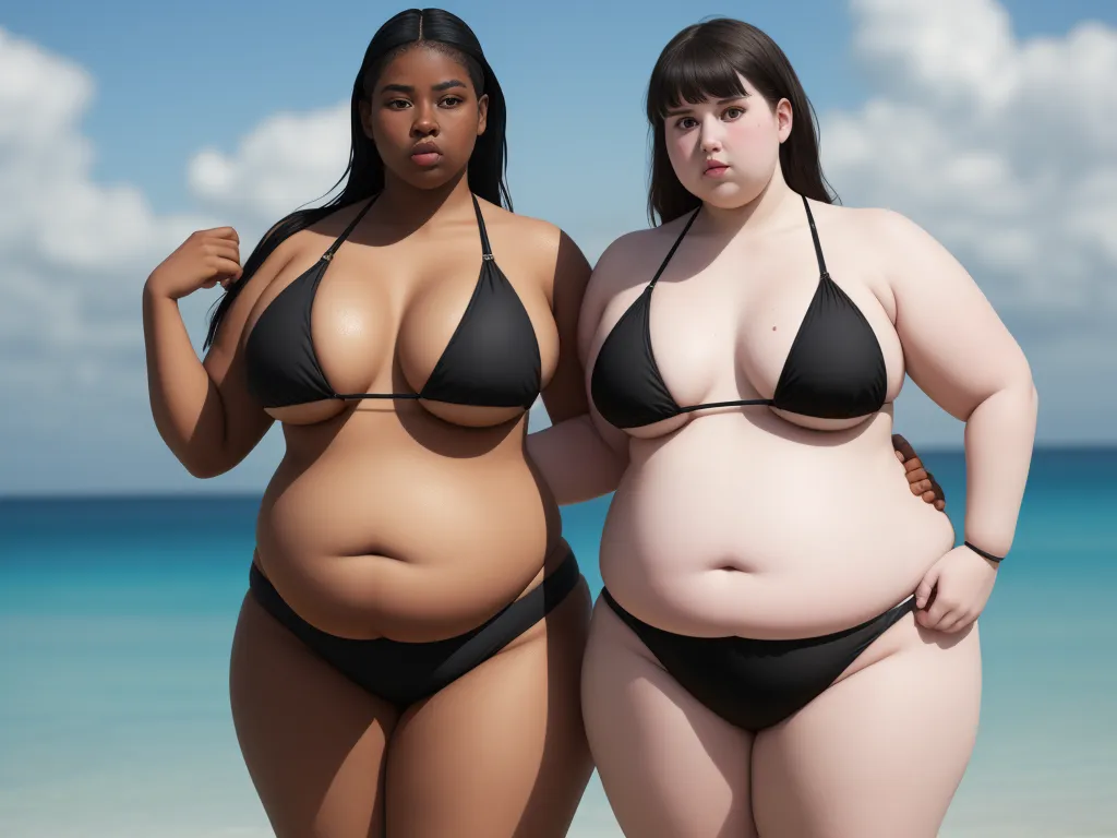 4k resolution converter picture - two women in bikinis standing on a beach next to the ocean, one of them is fat and the other is fat, by Frédéric Bazille