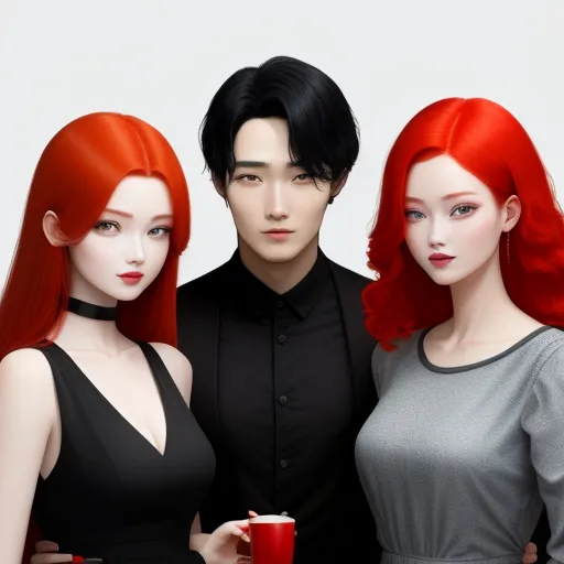 three red haired women standing next to each other holding a cup of coffee and a man in a black shirt, by Chen Daofu