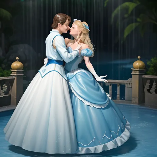 a couple of people that are in a dress and kissing in front of a fountain with a waterfall behind them, by Hanna-Barbera