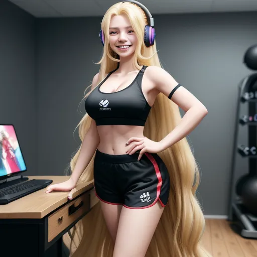 a woman with long blonde hair wearing headphones and a black top is standing in front of a desk, by Sailor Moon